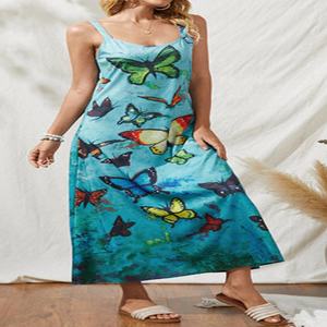 เดรสยาวทรงปล่อยพิมพ์ลายผีเสื้อสไตล์โบฮีเมียนแบบสบายๆ สายเดี่ยว ไซส์ใหญ่พิเศษ - Product Image 1