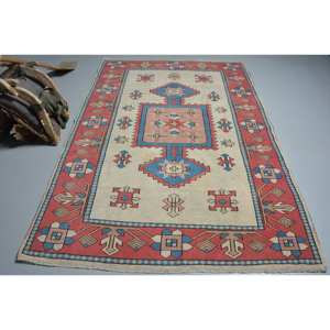 Tapis Turc Vintage Classique Rouge Bleu Patchwork Design Grande Surface 5.2X7.6 ft Laine Latex Adolescent Rectangle Abstrait Couloir Chambre - Product Image 1