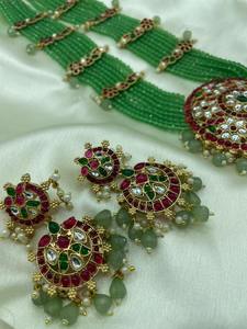 Ready Ship Ethnic <b>Gold</b> Plated Alloy Traditional Zircon Long Necklace <b>Set</b> Mint Color Matching Earrings Engagement Wedding Party - Product Image 4