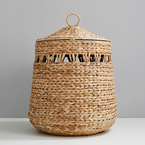 Cesta redonda de mimbre con tapa, hecha a mano con jacinto de agua, cestas de almacenamiento a bajo precio. - Product Image 6