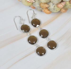 Smoky <b>Quartz</b> Gemstone <b>Earrings</b> 925 Handmade Simple Solid Sterling Silver Dangle Design for Women Best Fashion Jewellery - Product Image 3