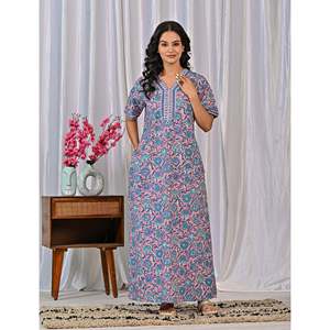 Vestido de Dormir 100% Algodón con Estampado Jaal Hecho a Mano, Camisón Suave Tejido con Diseño Floral y Cierre de Botones, Talla 3XL para Damas de Honor - Product Image 3