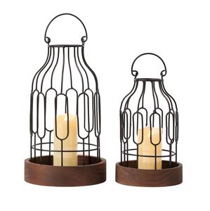 Juego de 2 farolillos decorativos rústicos para casa de campo, soporte para velas Vintage con base de madera, rollo de Metal negro decorativo - Product Image 1