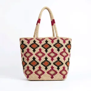 Sac fourre-tout décontracté pour femme en raphia, motif géométrique fait main, style bohème, ouverture supérieure, deux poignées, usage quotidien, capacité 3L+ - Product Image 3