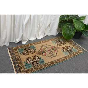 Alfombra Vintage de Lana Turca, Tejido Plano de Látex con Diseño de Retales Bohemios, Beige, Azul, 1,6x3,2 Pies, Decoración de Sala de Estar - Product Image 3