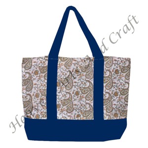 Sac fourre-tout en tissu imprimé à la main avec poignée bleue en provenance d'Inde, motif floral multi-main avec deux bretelles, vente en gros BHCB002 - Product Image 5