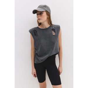 T-shirt décontracté Mega Merchant à manches longues, col rond, coupe classique, détails déchirés, 100 % coton, modèle 61752 - Product Image 1