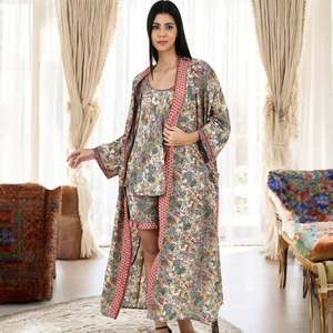 Conjunto de Kimono y Camiseta de Seda Floral para Mujer, Talla Única, Color Marfil, Rosa y Azul, Cuello Redondo, Bata, Cubrebaño de Playa, Tallas Grandes, Transpirable - Product Image 2