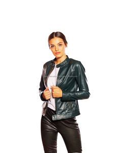 Blouson de moto respirant pour femme, rembourré en coton, avec détails en cuir véritable et fermeture éclair, design léger personnalisable - Product Image 1