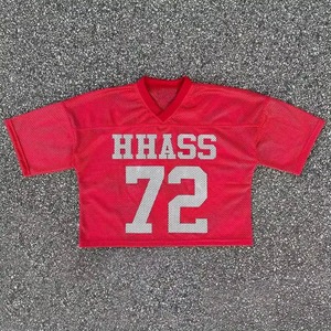 Jersey de béisbol de malla de algodón personalizado al por mayor, camiseta cuadrada con estampado de rayas de punto, camiseta de malla recortada con cuello en V de gran tamaño - Product Image 3