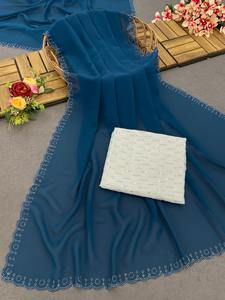 Saris indio listo para usar 1M listo para usar Sari Bollywood secuencia bordado Fuax Georgette Color melocotón saris ropa de fiesta - Product Image 2