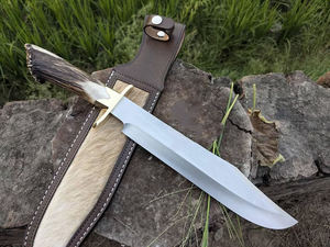 Cuchillo Bowie fijo de espiga completa de acero de alto carbono hecho a medida Funda de cuero de Búfalo con mango de cuerno. - Product Image 3