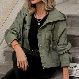 STITCHMODE personalizado mujer gota hombro cordón crudo ecológico transpirable de gran tamaño con capucha Crop Denim chaqueta moda Casual - Product Image 3