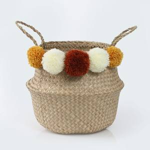 Automne moutarde blanc, rouge naturel ventre panier jonc de mer avec poignées à la main décor à la maison panier de rangement - Product Image 1