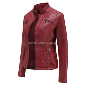 Venta al por mayor OEM/ODM transpirable vino motorista chaquetas de cuero de las mujeres Slim Fit acolchado hombros Stand Collar cierre de cremallera personalizado - Product Image 3