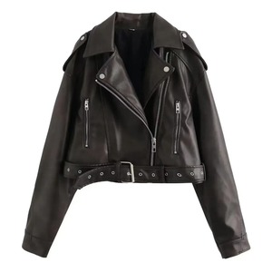 <b>Women</b> Vintage Loose Pu Faux Leather Short <b>Jacket</b> with Belt Streetwear Female Zipper Retro Moto Biker Coat Outwear Tops - Product Image 3