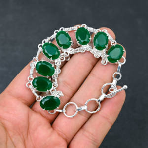 Lab-Created Green <b>Onyx</b> Gemstone Handmade Sterling Silver Plated Luxury Wedding <b>Bracelet</b> 7-8 Inches - Product Image 2
