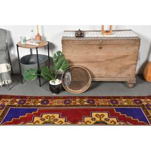 Vintage Turc 19 X 6.8ft Grand Tapis Rouge Bleu Boho 10mm Laine Latex Rectangulaire Patchwork Design pour Couloir Chambre Décor - Product Image 2