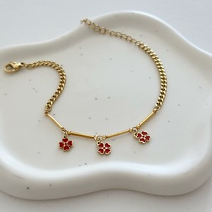 Trendy Gold-Plated Stainless Steel Chain for Bracelet Strand Style Bangles with <b>Red</b> Clover Charms Fashion <b>Beaded</b> Bracelets - Product Image 1