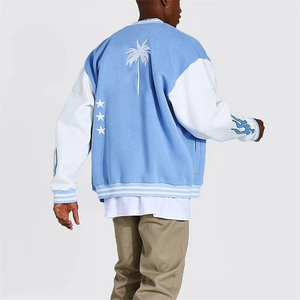 Custom Wholesale Custom logo and Design <b>Light</b> Blue Drop Shoulder Embroidery Letterman Baseball Varsity Bomber <b>Jacket</b> for <b>Men</b> - Product Image 3