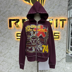 Sweat à capuche zippé délavé de qualité supérieure à prix abordable avec strass, veste zippée en molleton pour homme, streetwear - Product Image 4