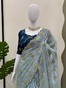 Saree นักออกแบบที่สวยงามบนผ้า zimmy Chu กับด้ายและงานปักเลื่อมและเสื้อในผ้าไหม banglori แบบโมโน - Product Image 3