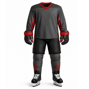 Uniforme de Hockey sobre Hielo con Cuello en V Más Vendido - Base Gris Oscuro con Detalles de Llama Roja Vibrante - Conjunto de Hockey Atlético Profesional para Hombre - Product Image 1