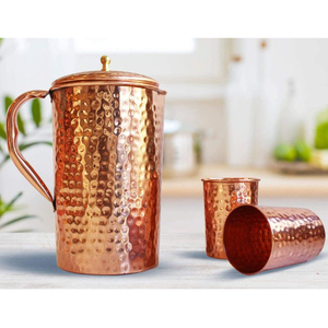 Nueva vajilla de cocina de gran venta, jarra martillada de cobre puro con logotipo personalizado, perilla de latón, bebidas, hoteles, fabricantes directos de India - Product Image 1