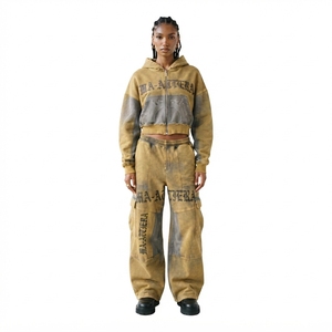Custom Women Acid Wash Khaki Gray <b>Cropped</b> Zip Hoodie Cargo <b>Jogger</b> Set Cotton Fleece Streetwear Tracksuit OEM Wholesale - Product Image 1