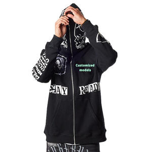 Sudadera con capucha OEM de felpa francesa para hombre, unisex, con estampado en relieve, 100% algodón, de alto gramaje, con pedrería en toda la cara, con cremallera completa, sudaderas personalizadas - Product Image 4