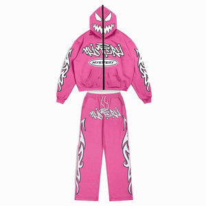2026 Custom Unisex Winter Tracksuit <b>Zip</b>-Up Hoodie <b>Sweatshirt</b> Drawstring Waist Loose Pants Solid Casual 100% Cotton - Product Image 1