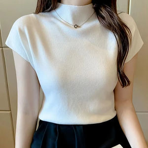 Tops en tricot sans manches à col roulé pour femmes, été, 100% coton, uni et ajusté, pulls décontractés, vêtements de rue pour femmes - Product Image 1