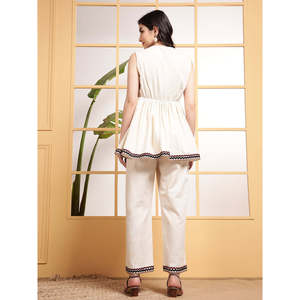 Deebaco Women's Off-<b>White</b> Cotton <b>2</b>-<b>Piece</b> Co-Ord <b>Set</b> With Embroidery V-Neck Top And Ankle Length Trouser Casual Wear Outfit - Product Image 5