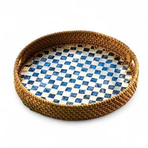 Plateau en rotin et nacre, plateau décoratif fait à la main, incrustation de coquillages, naturel, écologique, pour la maison, utilisation sur table - Product Image 1