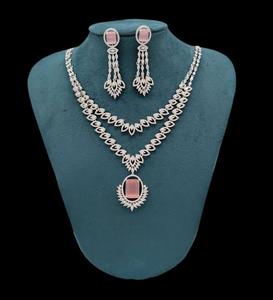 Designer Double Layer Zircon Diamond <b>Necklace</b> <b>Set</b> With <b>Earrings</b> <b>Silver</b> Finish <b>Necklace</b> <b>Set</b> CZ Diamond For Wedding For Women - Product Image 6