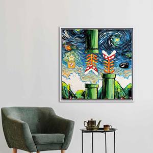 Toile imprimée : Art mural pour salle de jeux Mario, style Van Gogh, encadré blanc - Product Image 1