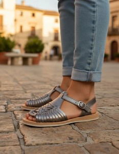 Sandalias Planas de Cuero Genuino Tejido Metálico con Punta Abierta y Correa en el Tobillo, Calzado Casual Transpirable para Todas las Ocasiones - Product Image 3