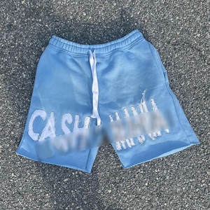 High Quality Custom Embroidered <b>Men's</b> Distressed <b>Sweat</b> <b>Shorts</b> Sun Faded Red High Drawstring Waist Eco-Friendly - Product Image 4