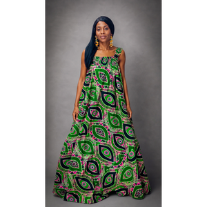 Abito lungo senza maniche con stampa floreale Ankara rosa-verde-nero - Product Image 1