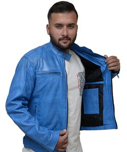 Vente en gros de veste en cuir bleu élégant pour hommes grossiste en logo personnalisé de haute qualité fabrication professionnelle - Product Image 1
