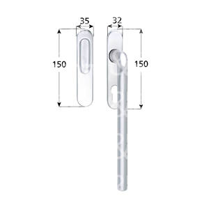 MANGO DE ELEVACIÓN REDONDO SIMPLE Con placa de orificio Yale y nicho Longitud 250 mm Dimensiones de la placa 35x150mm Acabado plateado - Product Image 1