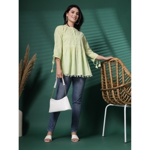Blusa Casual Ecológica de Popelina 100% Algodón para Mujer, Cuello Camisero, Mangas Raglán, Botones, Borlas, Secado Rápido, Primavera/Verano - Product Image 1