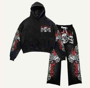 Streetwear à la mode survêtements hommes 3D broderie acide lavage coton survêtement tenue élégant deux pièces ensemble OEM ODM fournisseurs - Product Image 3