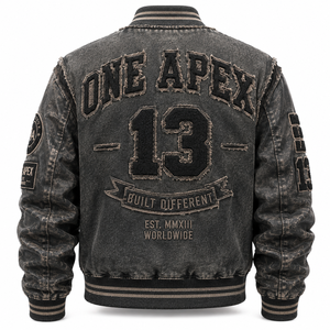 Custom Charcoal Acid Wash Hooded V-neck Distressed Letterman <b>Baseball</b> <b>Jacket</b> Vintage Wool Leather Winter OEM ODM - Product Image 3