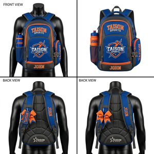 Sac à dos de cheerleading pour femmes en polyester 600D de qualité supérieure, 320 GSM, design à panneaux bleu et orange, durable, logo brodé personnalisé, sac de sport - Product Image 1