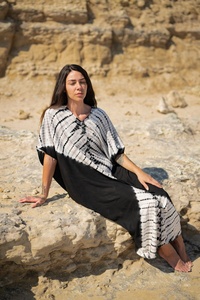 Maxi <b>Dress</b> Beach Kaftan Tye Die Black Soft Cotton Natural Waist Breathable for Women - Product Image 5