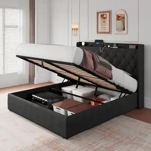 モダンな布張りのデザインスタイルのUSBポートとソケットを備えた木製ベッドフレーム、ベッド下の収納、寝室用のRGB LED照明