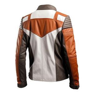 Men's Brown White Genuine Sheepskin Leather Stand Collar Racing Motorbike Jackets Windproof Outerwear for Custom Touring - Product Image 2