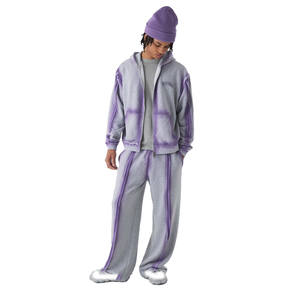 Grey Fleece Men's Tracksuit Set with Washed <b>Purple</b> Seam Details Zip Hoodie & Relaxed Fit Joggers Soft Streetwear Winter Apparel - Product Image 1