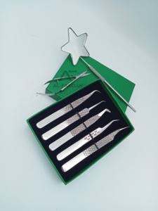 Pinzas de precisión para extensión de pestañas con agarre de diamante, juego de 7 piezas, mango con espejo, tijeras de muelle para cejas con cajas de cartón - Product Image 6